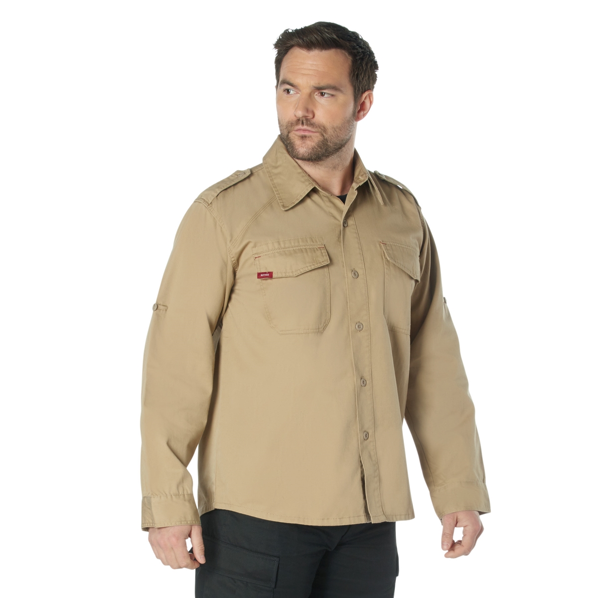 1378 Men Vintage Fatigue Long Sleeve Shirt, Khaki - Extra Small