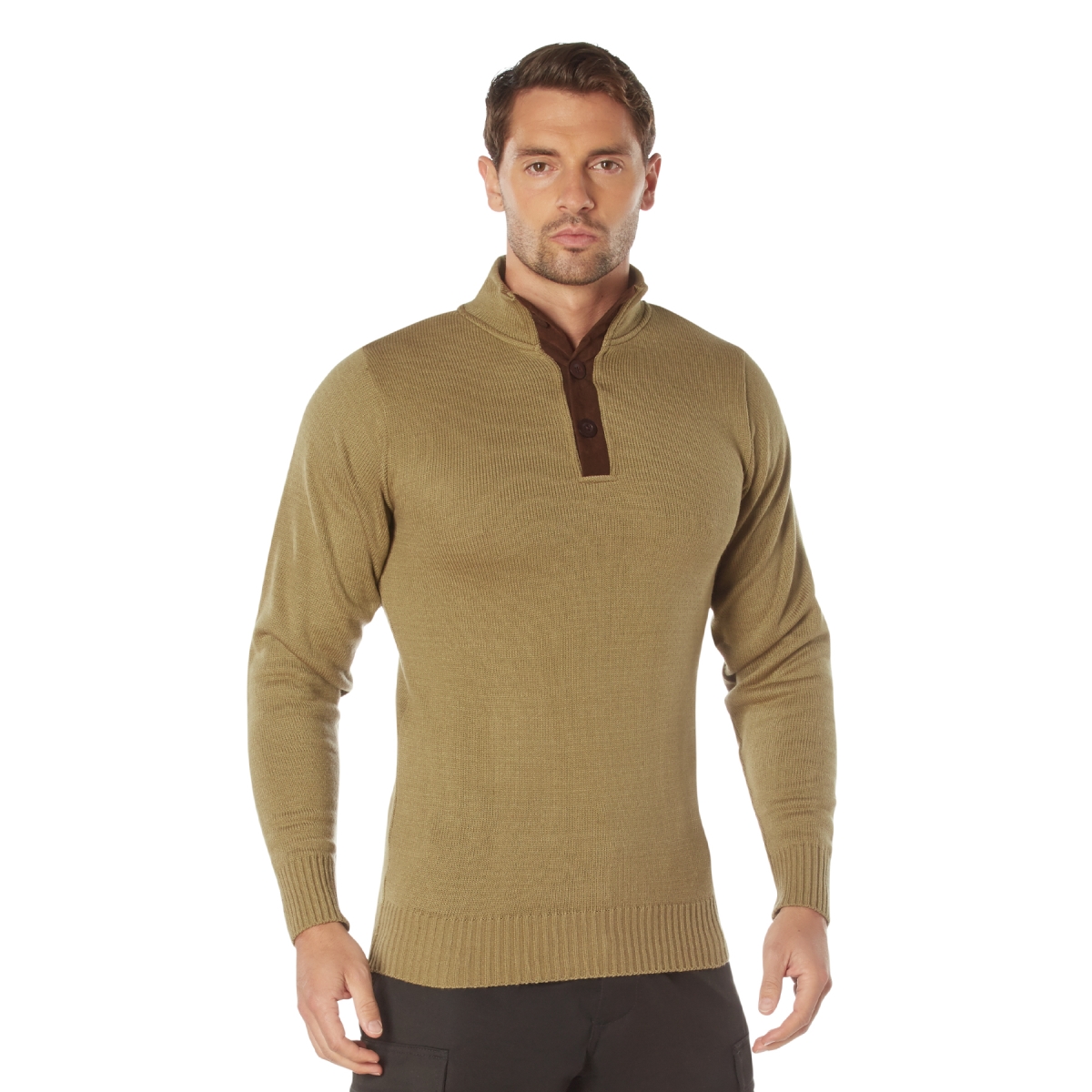 19856 3-Button Sweater Long Sleeve Shirt with Suede Accents, Khaki - 2XL