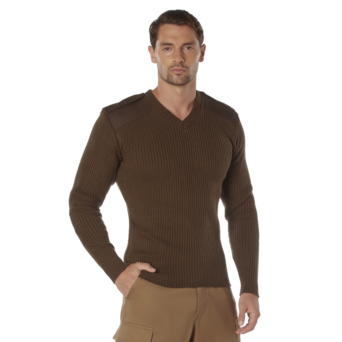 19459 G.I. Style Acrylic V-Neck Long Sleeve Sweater Shirt, Brown - 2XL