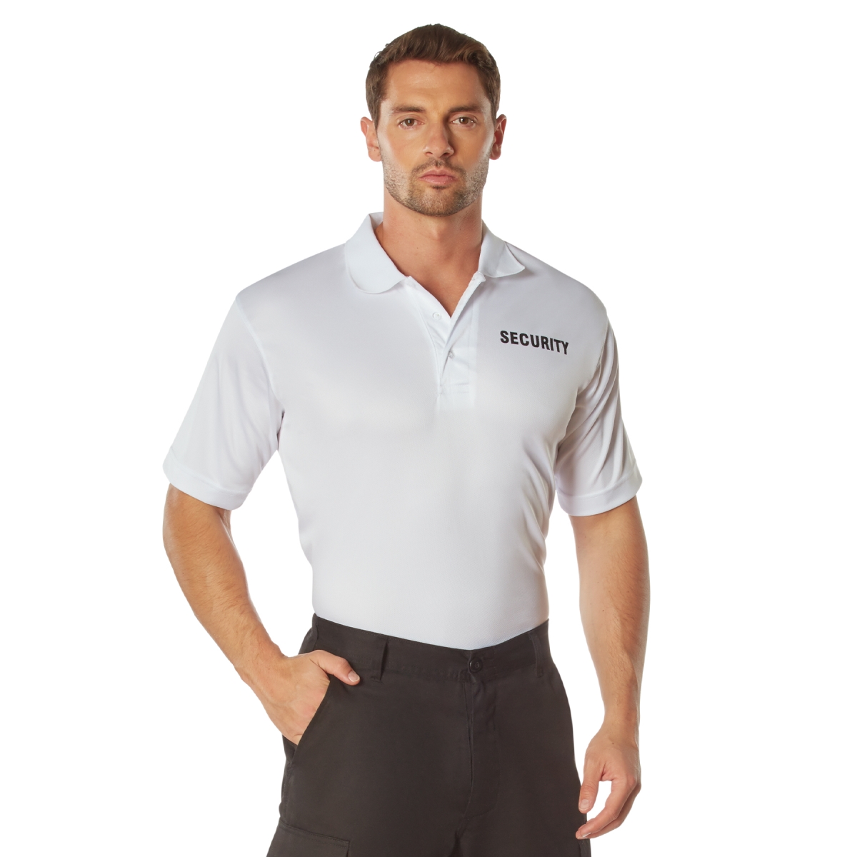 18404 Men Moisture Wicking Security Polo Short Sleeve Shirt, White with Black Lettering - 3XL