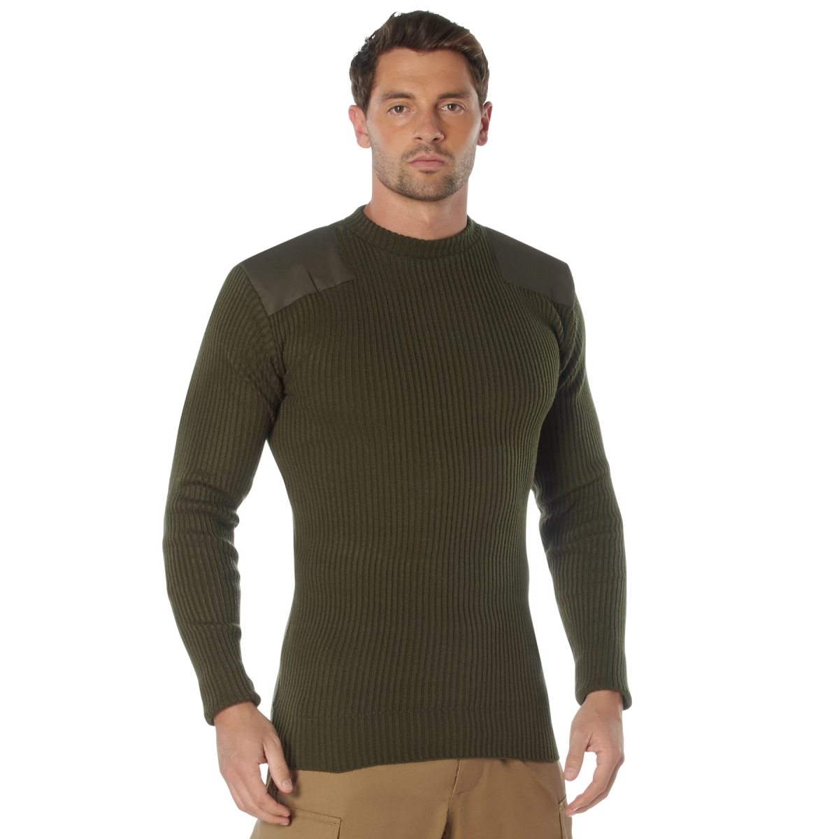 6466 Men Acrylic Commando Sweater Long Sleeve T-Shirt, Olive Drab - Extra Large