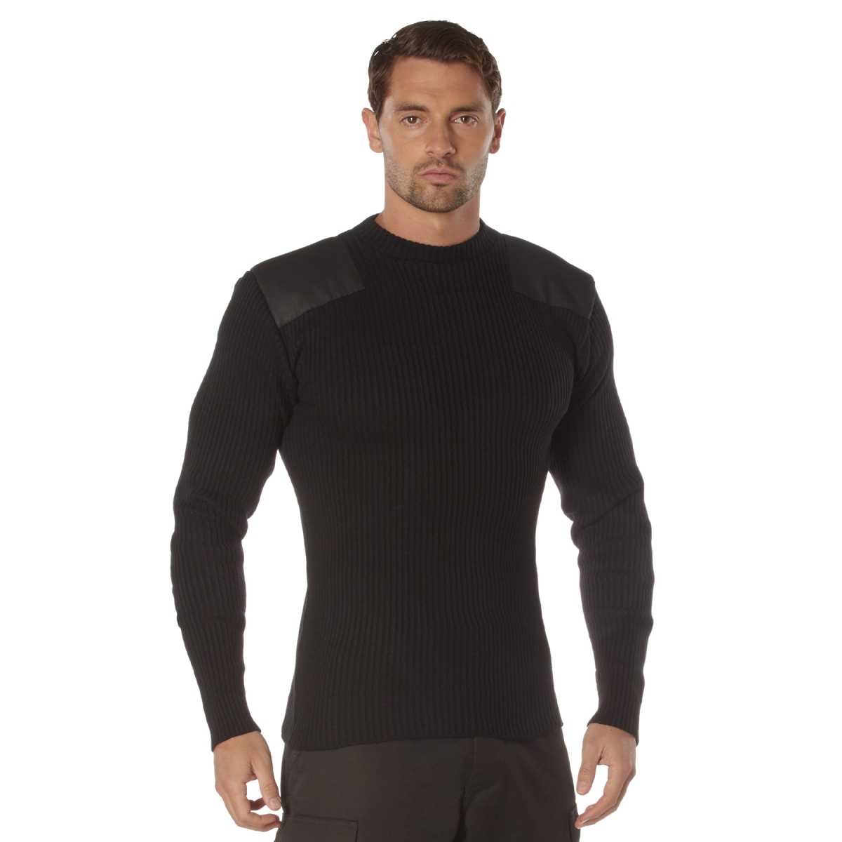 6563 Men Acrylic Commando Sweater Long Sleeve T-Shirt, Black - 5XL