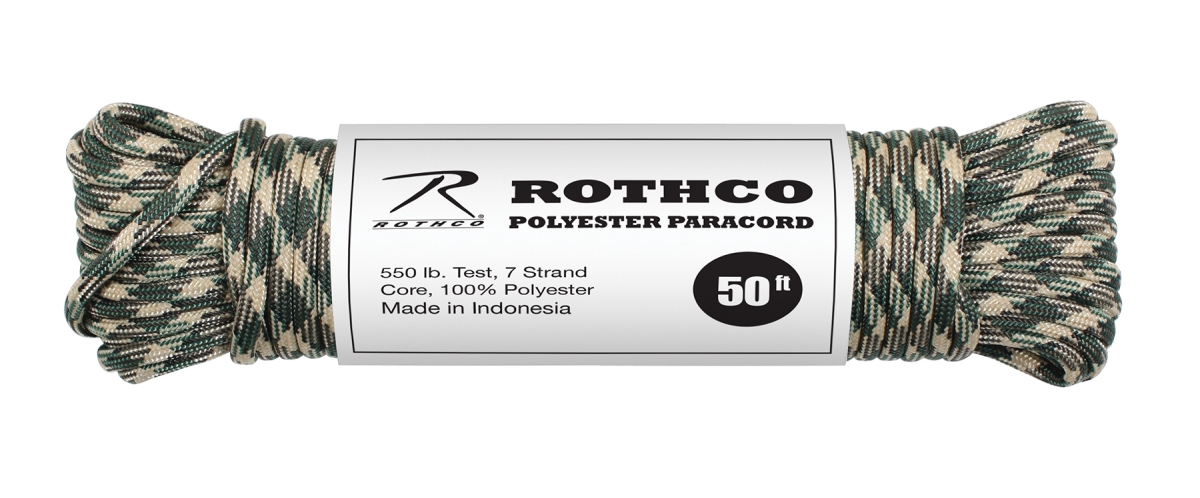 1778 550 lbs Type III Polyester Paracord, Woodland Camo - 50 ft.