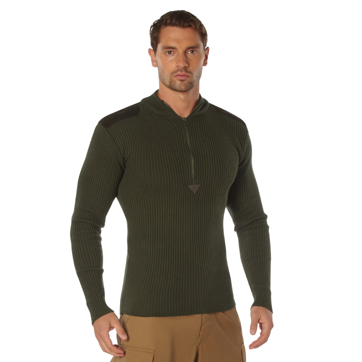2008 Men Quarter Zip Acrylic Commando Sweater, Olive Drab - Small