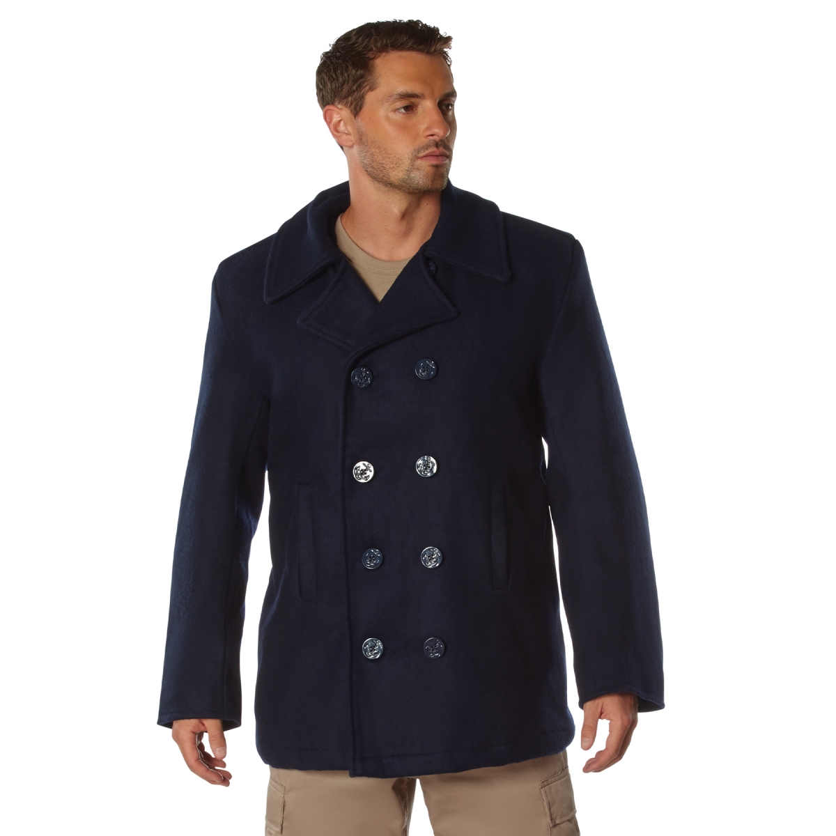 8229 Men Wool Pea Coat Military Jacket, Navy Blue - Large