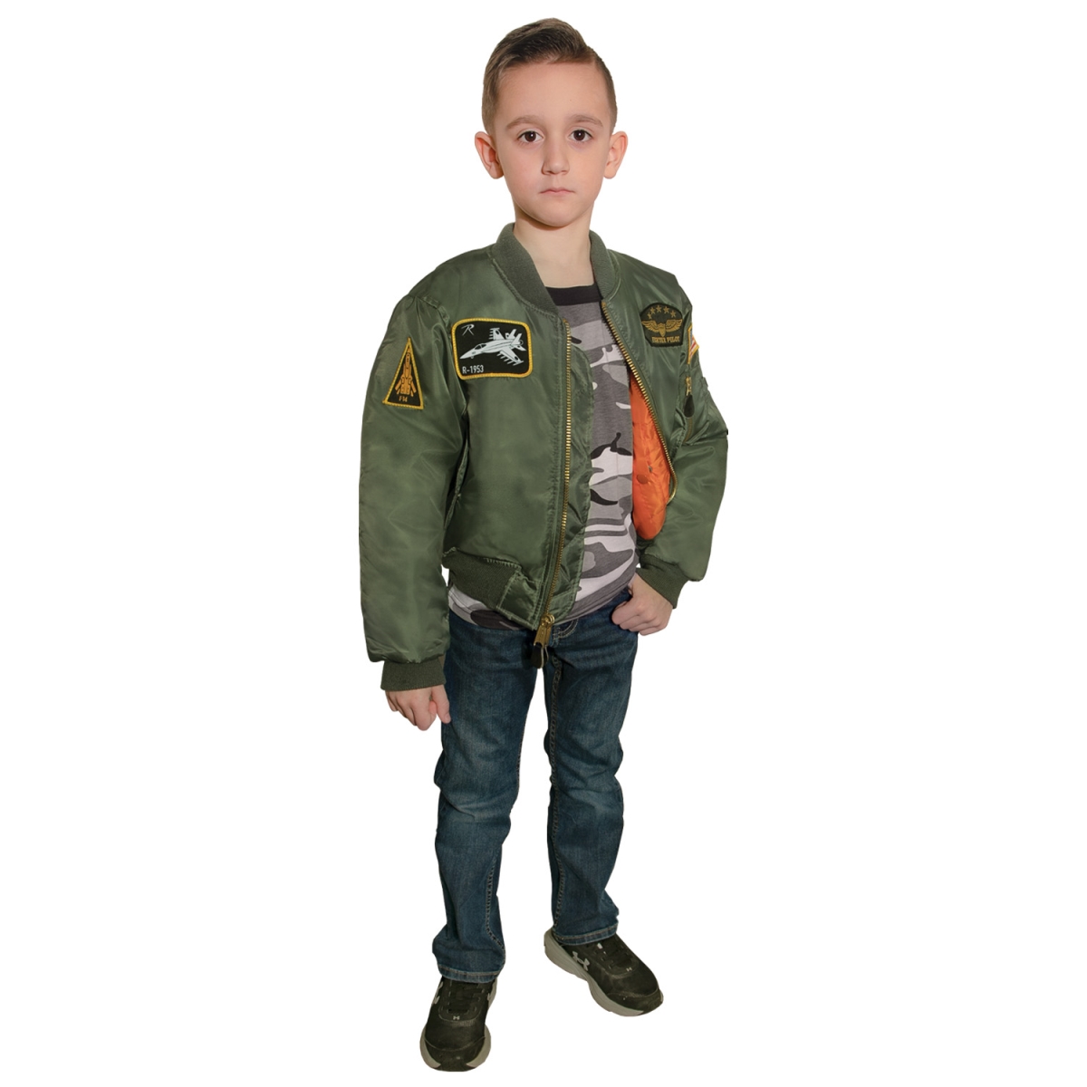 8305 Unisex Kids Flight Jacket with Patches, Sage Green - Small
