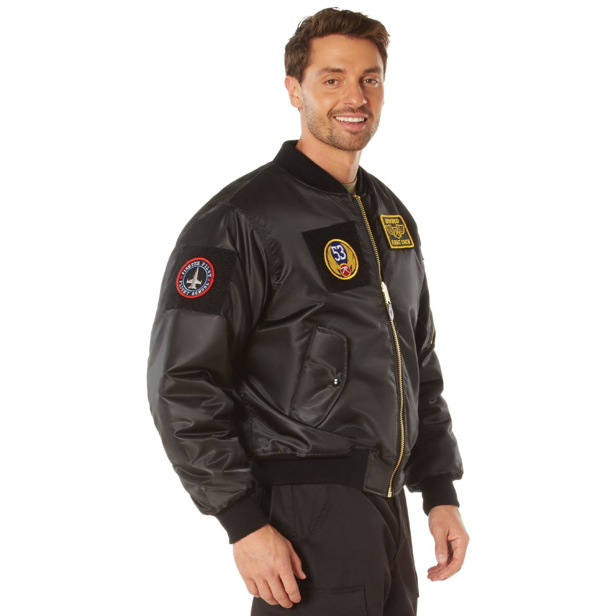 17057 MA-1 Flight Long Sleeve Jacket with Patches, Black - Extra Large