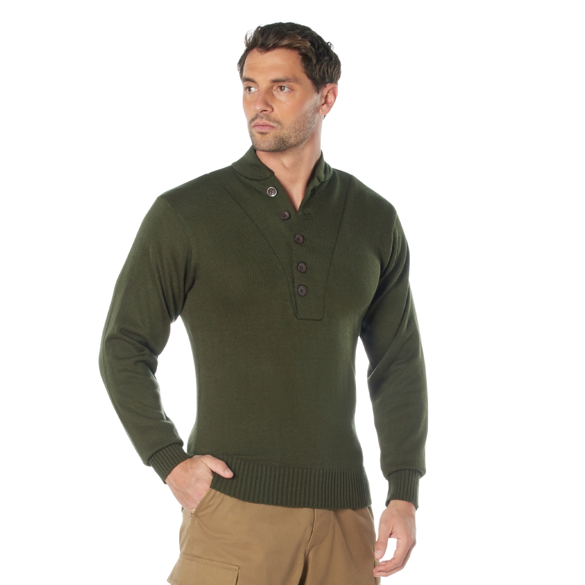 6540 Men G.I. Style 5-Button Sweater, Olive Drab - Small