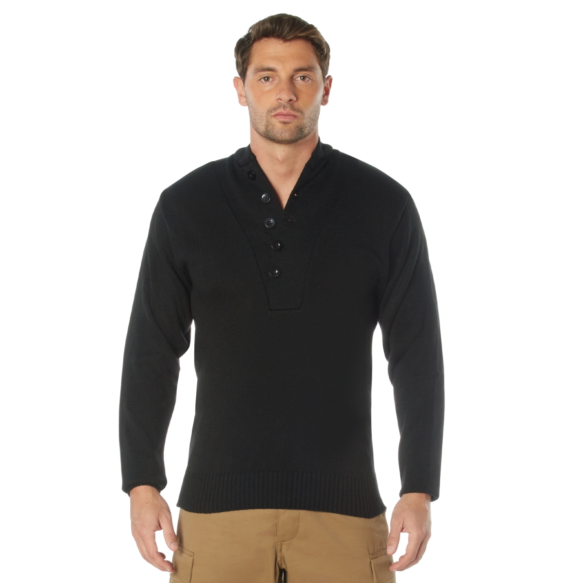 6544 Men G.I. Style 5-Button Long Sleeve Sweater Shirt, Black - Small