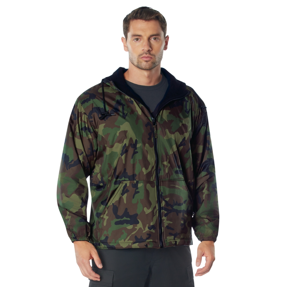 9722 Men Reversible Lined Jacket with Hood, Woodland Camo - Medium