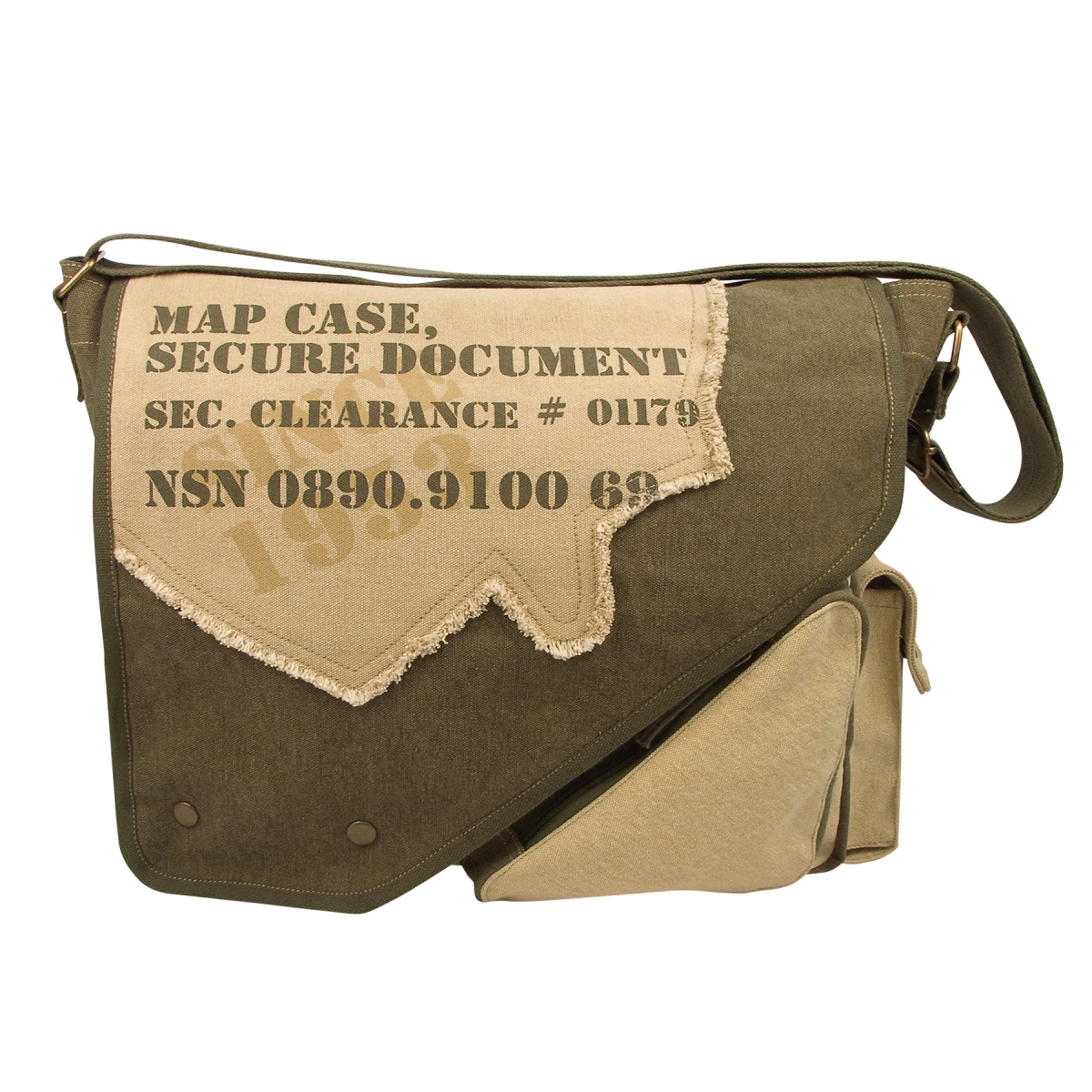 10723 Vintage Canvas Two-Tone Imprinted Map Bag, Olive Drab & Tan
