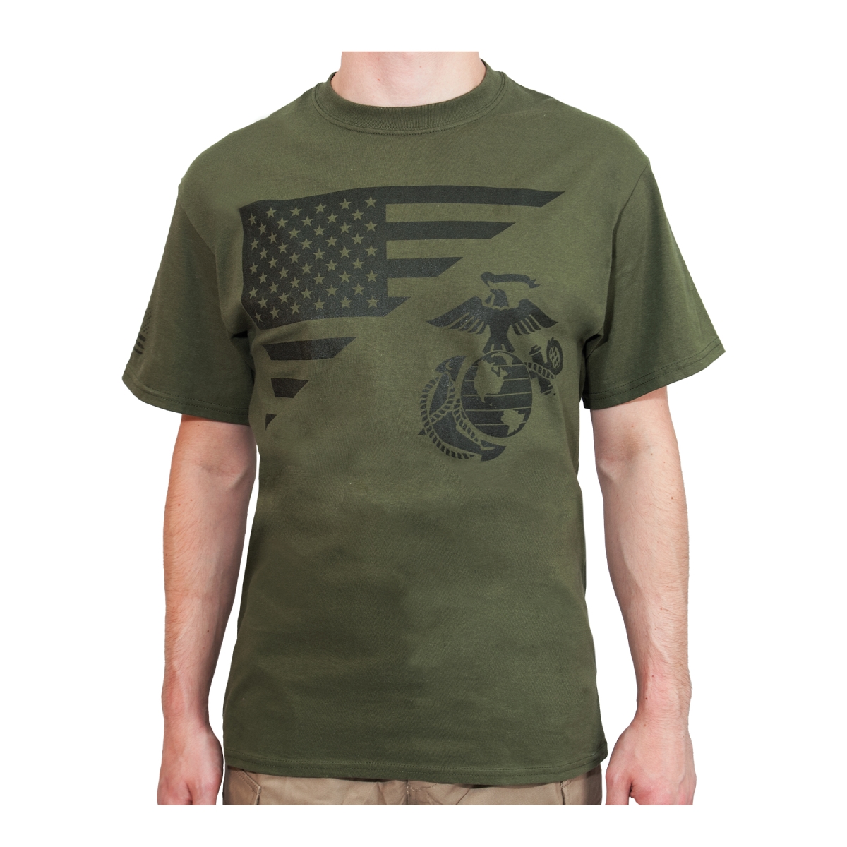 21122 US Flag USMC Eagle Globe & Anchor Short Sleeve T-Shirt, Olive Drab - Extra Large
