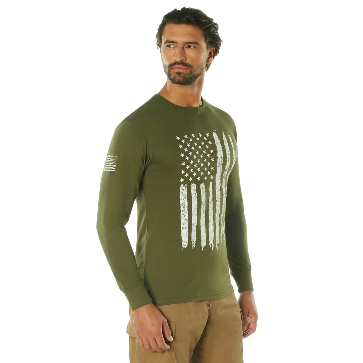 19732 US Flag Long Sleeve T-Shirt, Olive Drab - 2XL