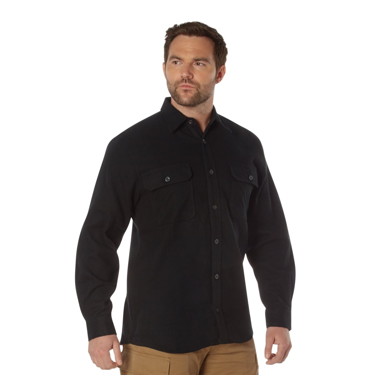 14438 Men Heavy Weight Solid Flannel Long Sleeve Shirt, Black - Large