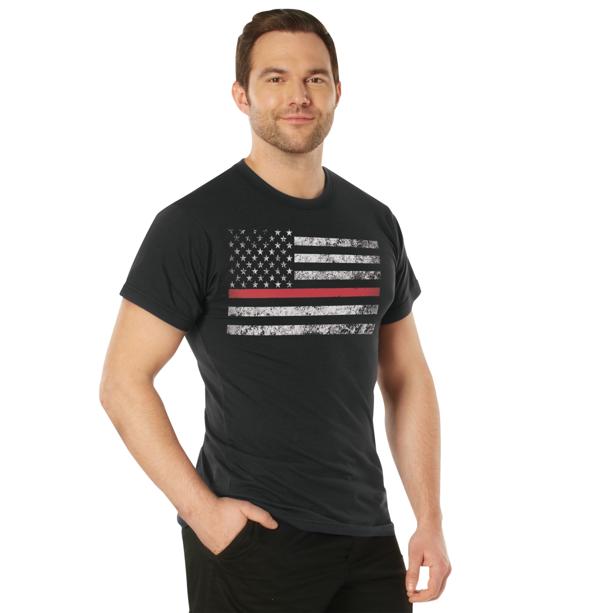 16579 Thin Red Line Flag Short Sleeve T-Shirt, Black - Medium