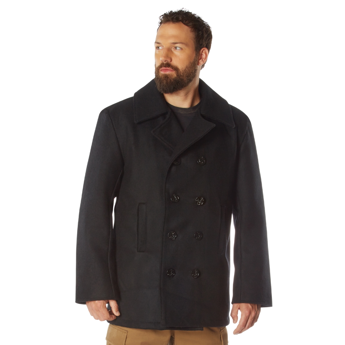 18822 Men Wool Pea Coat Military Jacket, Black - 6XL