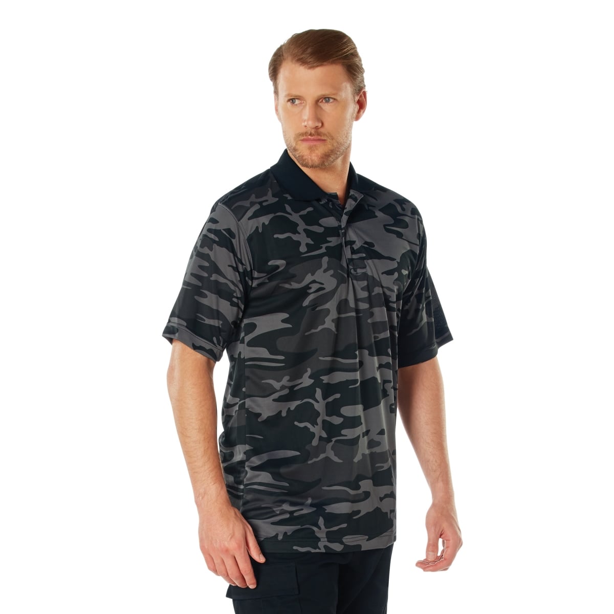 21512 Moisture Wicking Polo Short Sleeve Shirt, Black Camo - Small