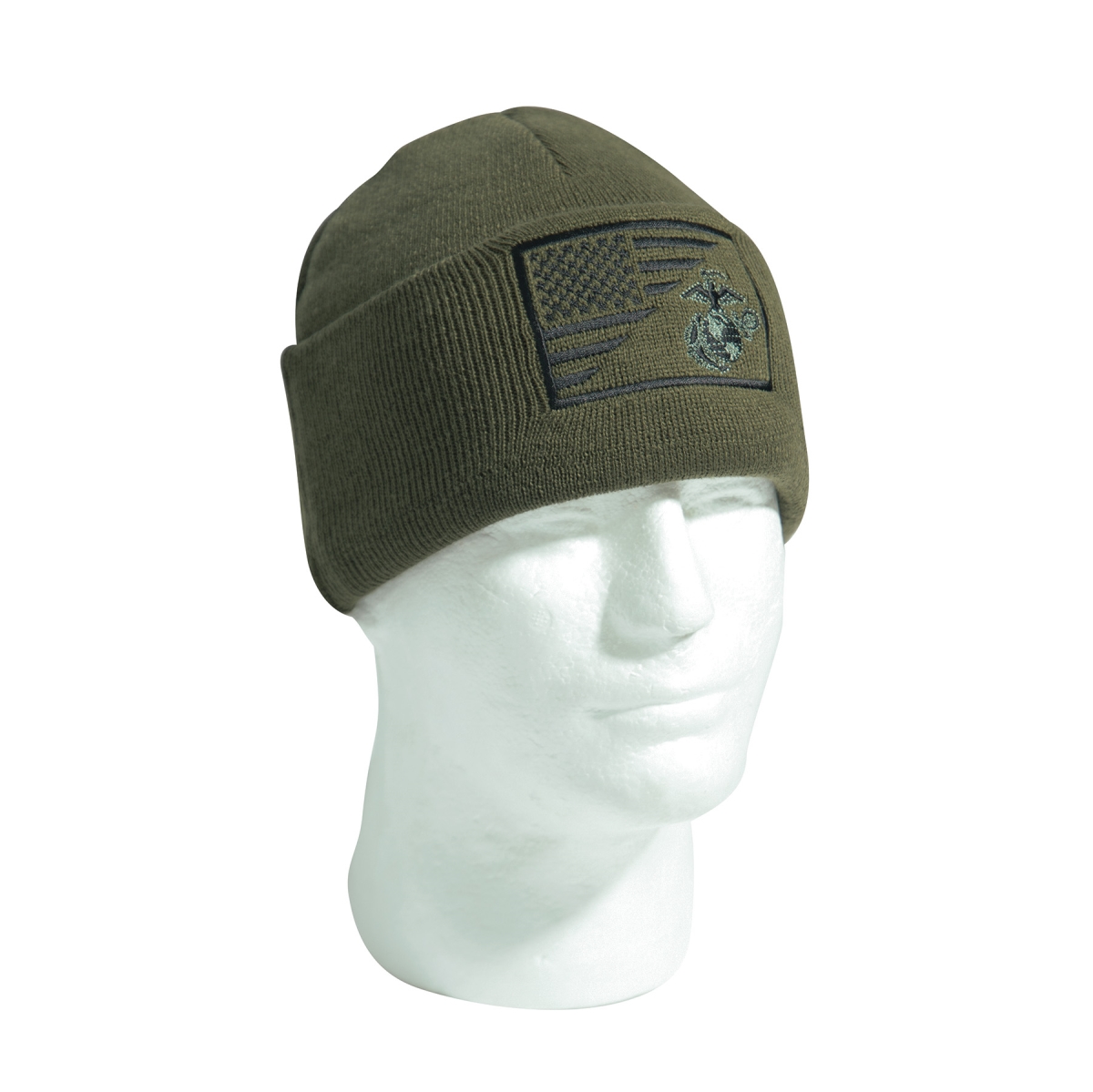 21694 USMC Eagle Globe & Anchor US Flag Deluxe Fine Knit Watch Caps, Olive Drab