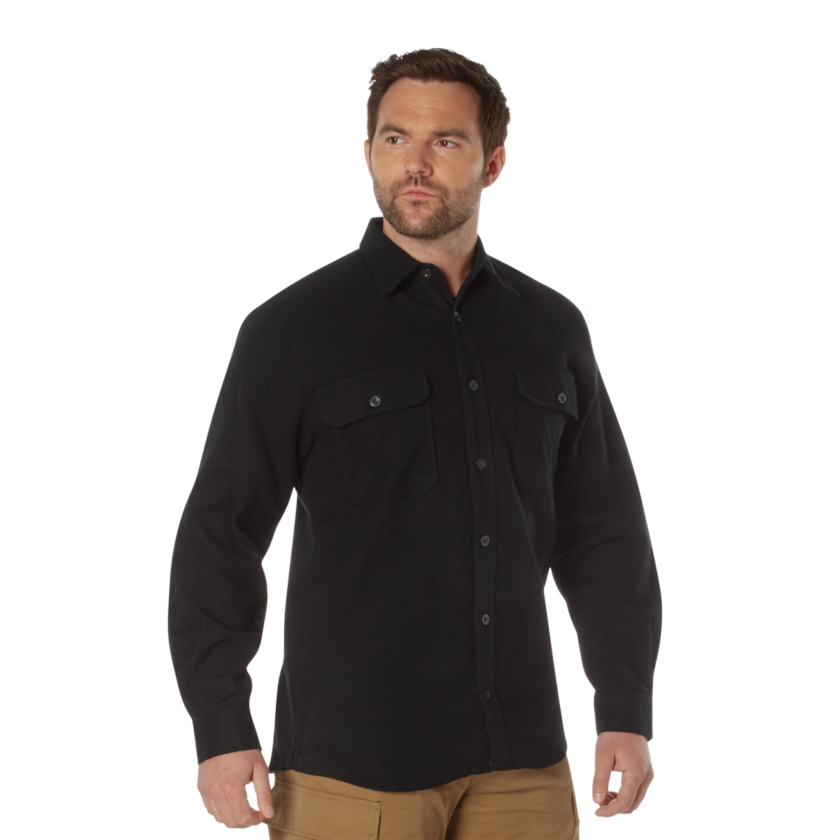 14437 Men Heavy Weight Solid Flannel Long Sleeve Shirt, Black - Medium