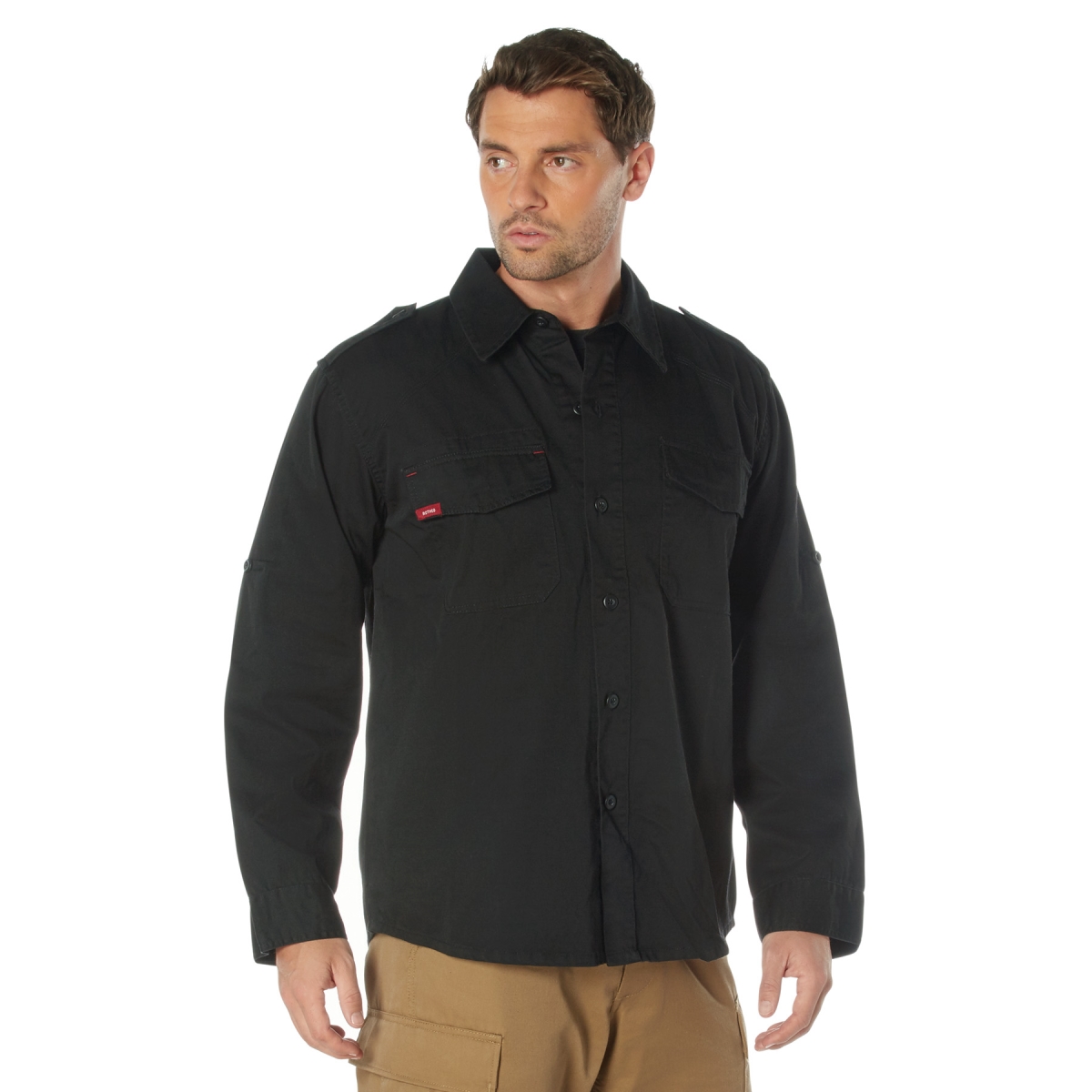 1303 Men Vintage Fatigue Long Sleeve Shirt, Black - Extra Small
