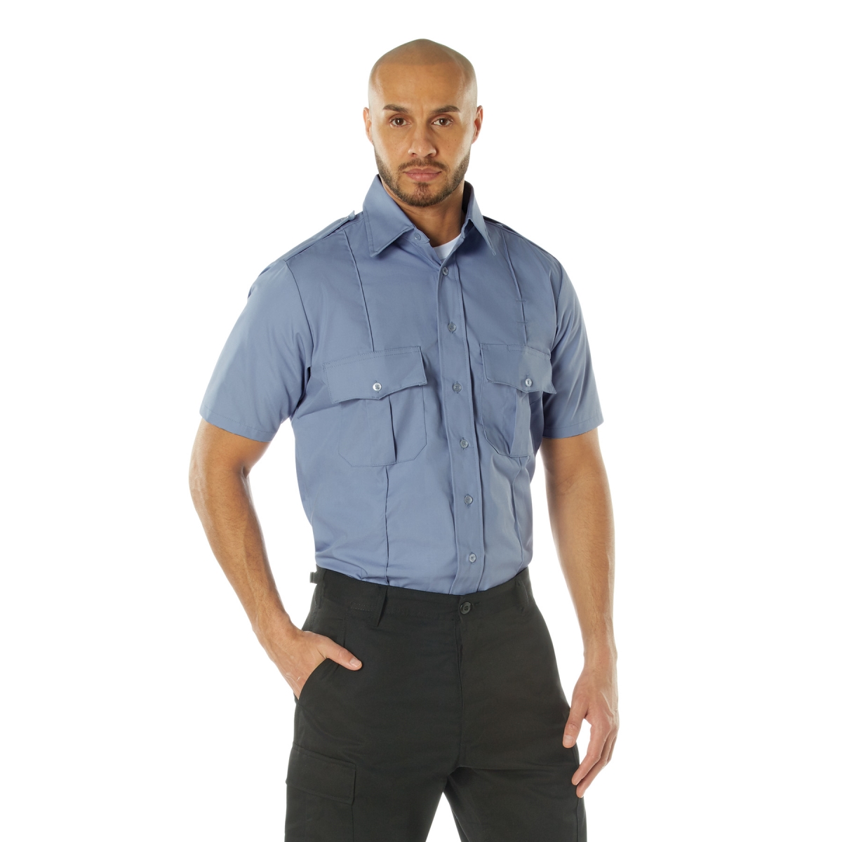 1718 Men Short Sleeve Uniform Shirt, Light Blue - 2XL