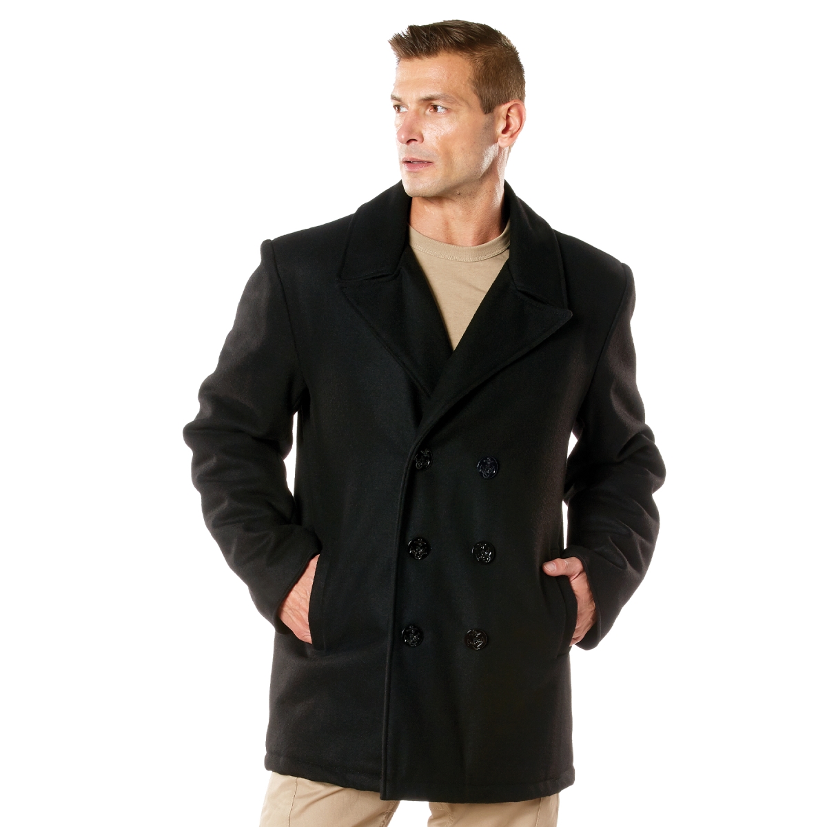 21857 Naval Heritage Pea Coat Military Jacket, Black - Large