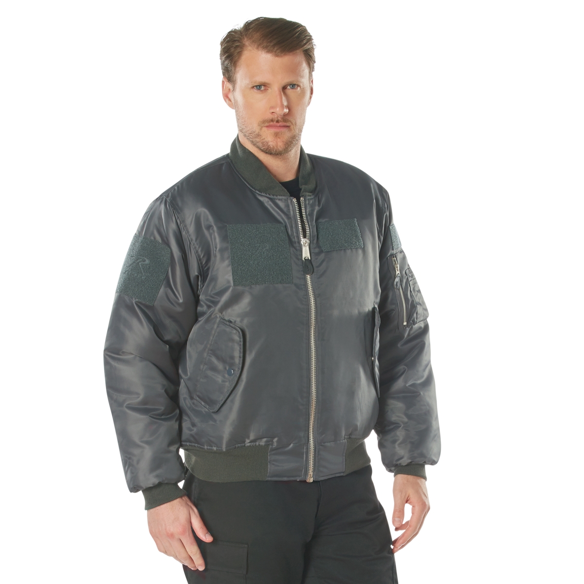 22717 MA-1 Flight Long Sleeve Jacket with Patches, Gunmetal Gray - Large