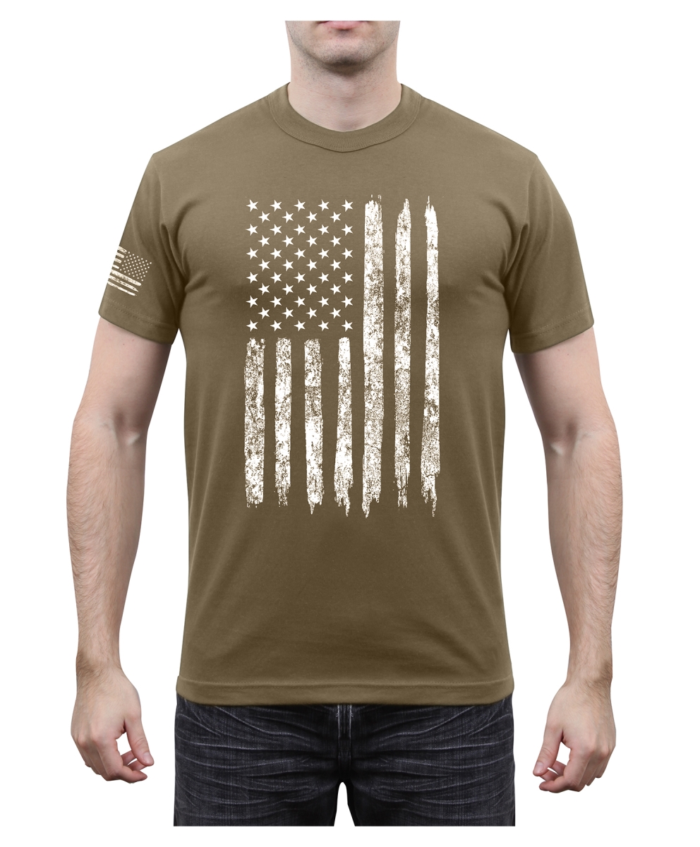 17722 Distressed US Flag Athletic Fit Short Sleeve T-Shirt, Coyote Brown - Medium