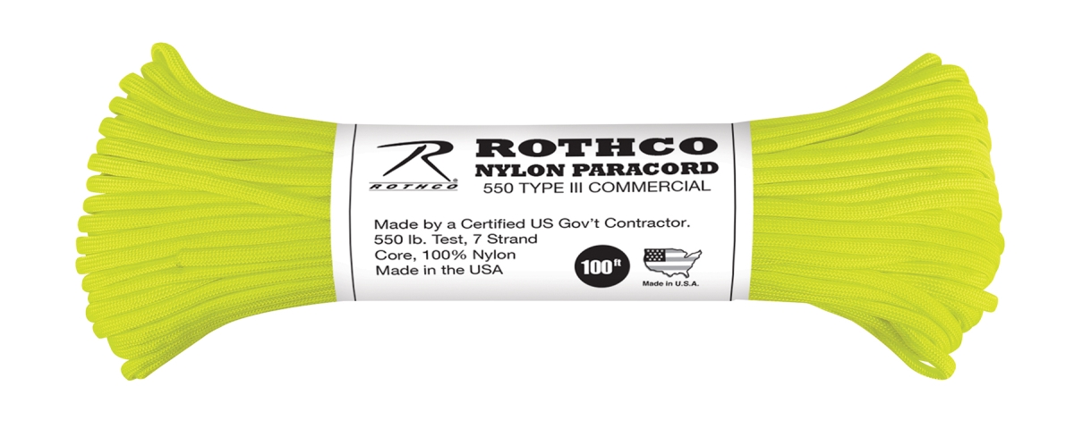 898 550 lbs Type III Nylon Paracord, Neon Yellow - 100 ft.