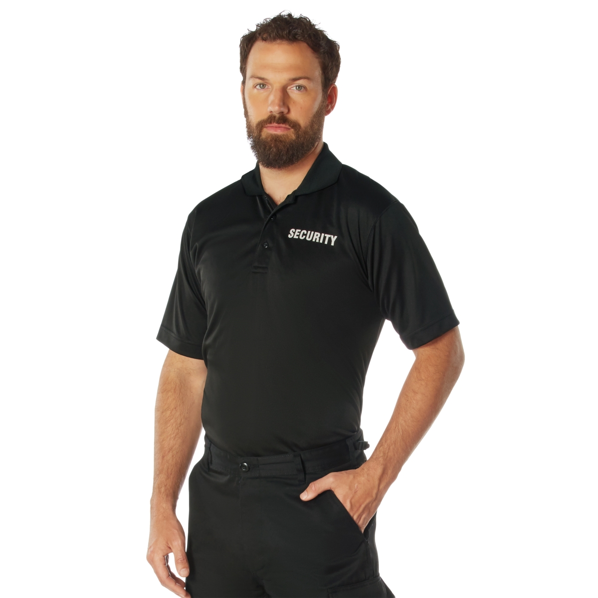 1887 Men Moisture Wicking Security Polo Short Sleeve Shirt, Black with White Lettering - Large