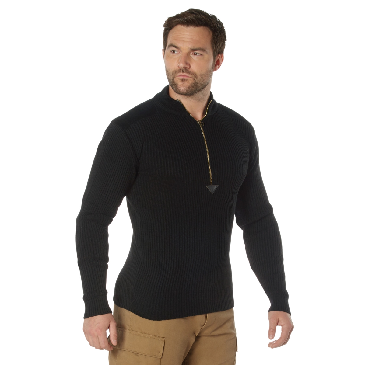 2045 Men Quarter Zip Acrylic Commando Long Sleeve Sweater Shirt, Black - Medium