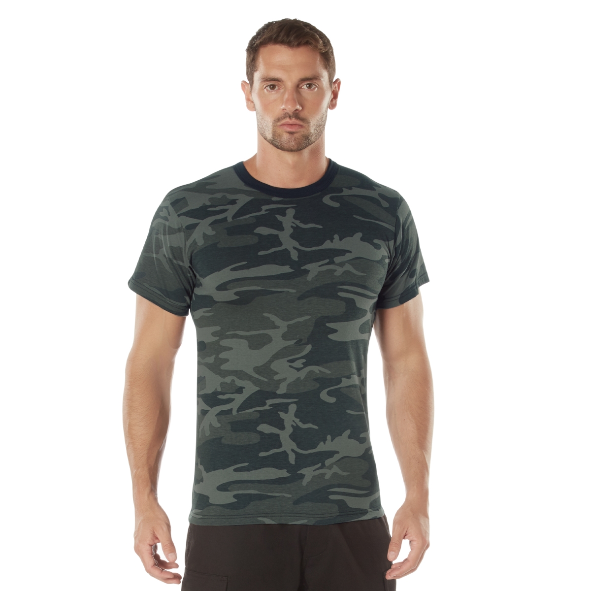 18695 Men Camo Short Sleeve T-Shirt, Black Camo - Large
