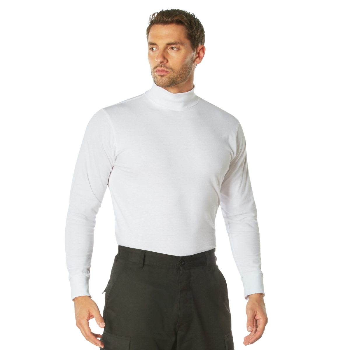 19280 Men Mock Turtleneck Long Sleeve Shirt, White - Large