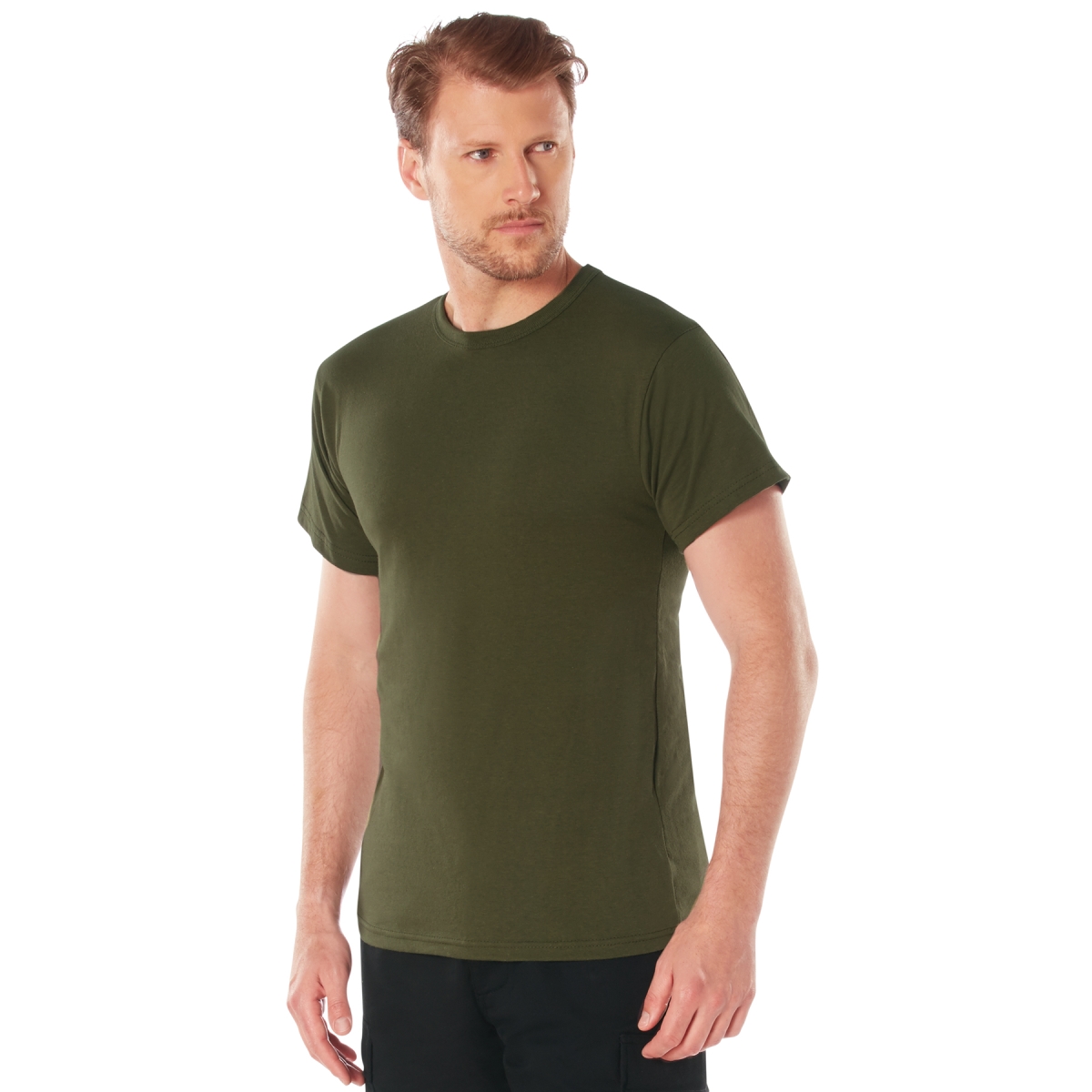 7799 Men Solid Color Short Sleeve T-Shirt with Cotton & Polyester Blend, Olive Drab - Small