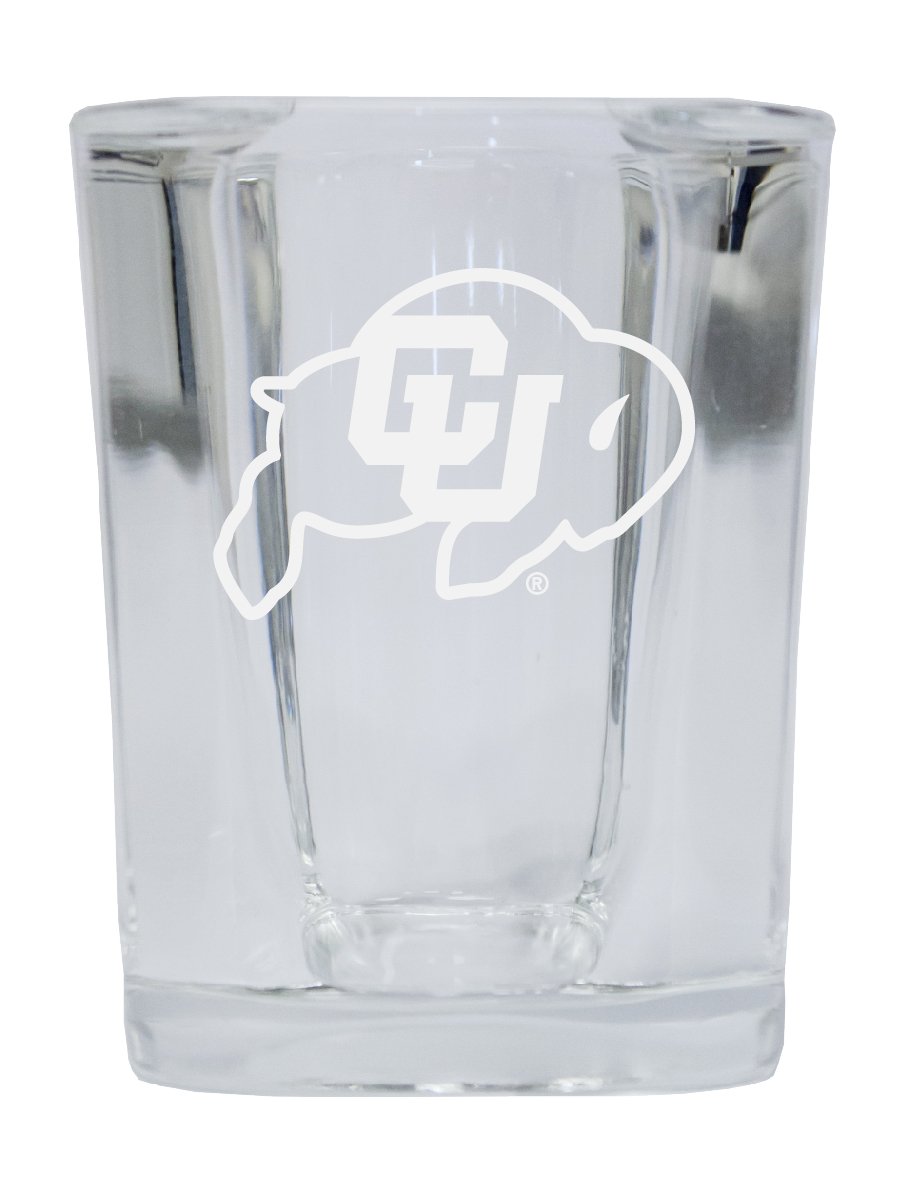 Picture of R & R Imports SGSE2-C-CO20 Colorado Buffaloes 2 oz Square Shot Glass Laser Etched Logo Design - Pack of 2