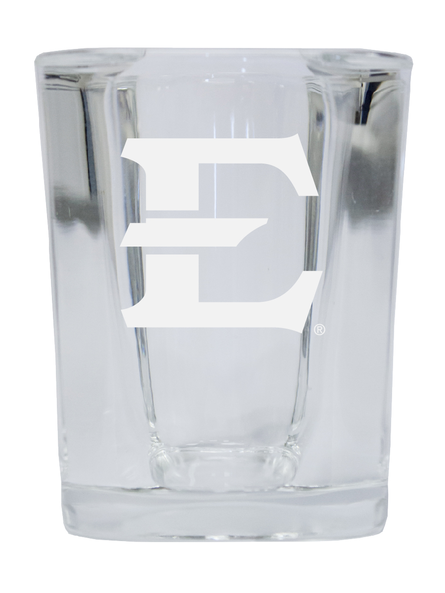 Picture of R & R Imports SGSE2-C-ETSU20 East Tennessee State University 2 oz Square Shot Glass Laser Etched Logo Design - Pack of 2