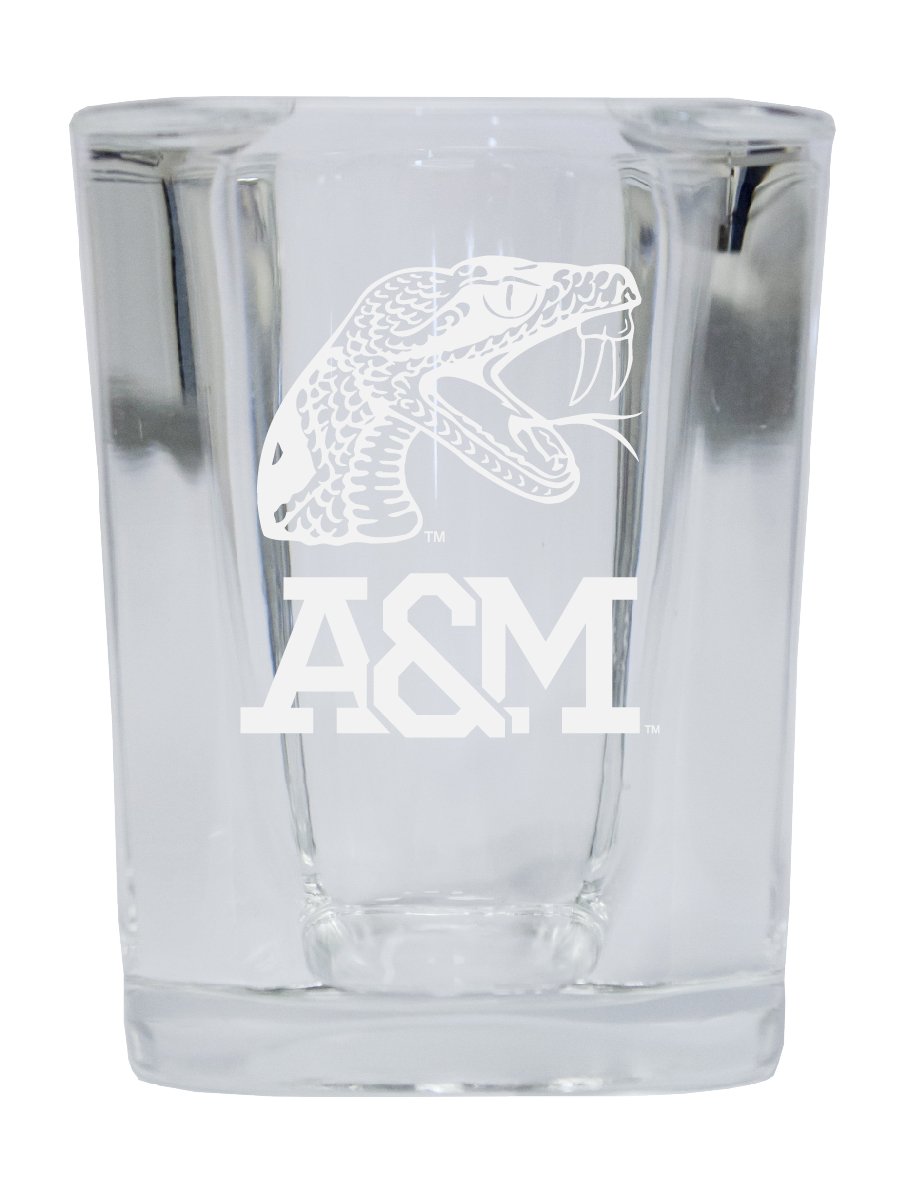 Picture of R & R Imports SGSE2-C-FAM20 Florida A&M Rattlers 2 oz Square Shot Glass Laser Etched Logo Design - Pack of 2