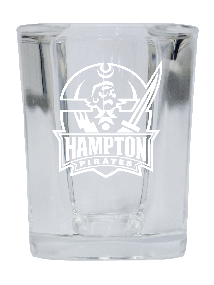 Picture of R & R Imports SGSE2-C-HAMP20 Hampton University 2 oz Square Shot Glass Laser Etched Logo Design - Pack of 2