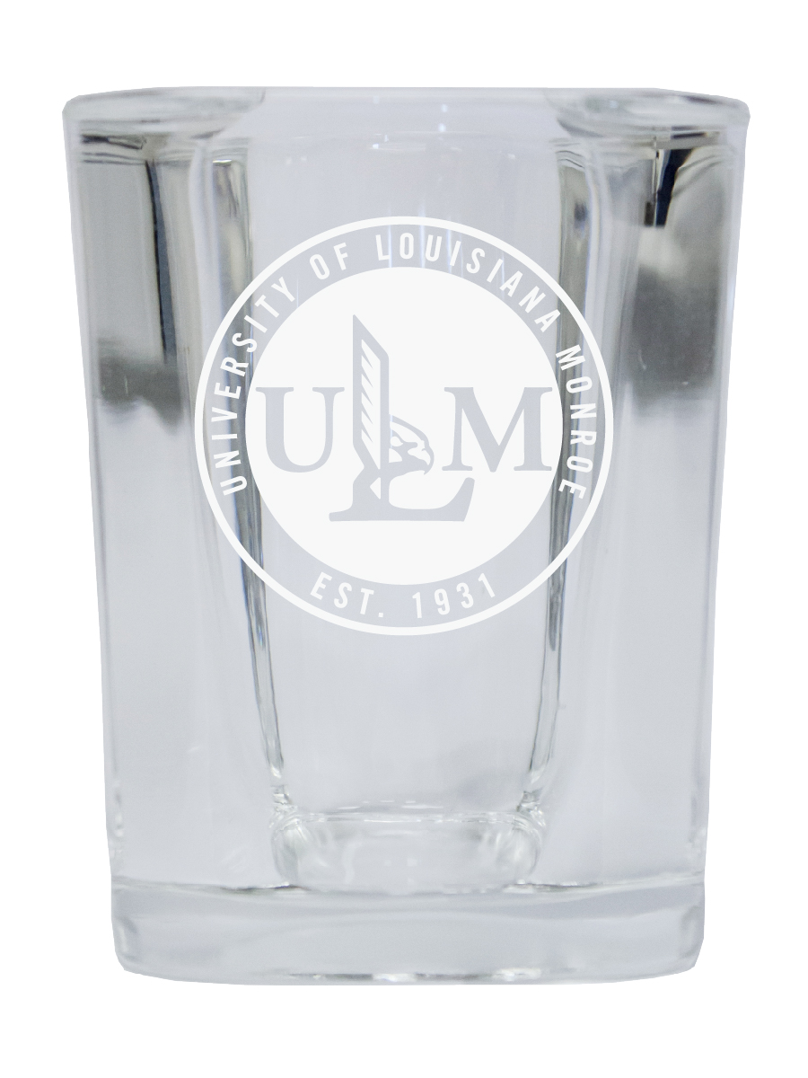 Picture of R & R Imports SGSE2-C-LAM20 University of Louisiana Monroe 2 oz Square Shot Glass Laser Etched Logo Design - Pack of 2