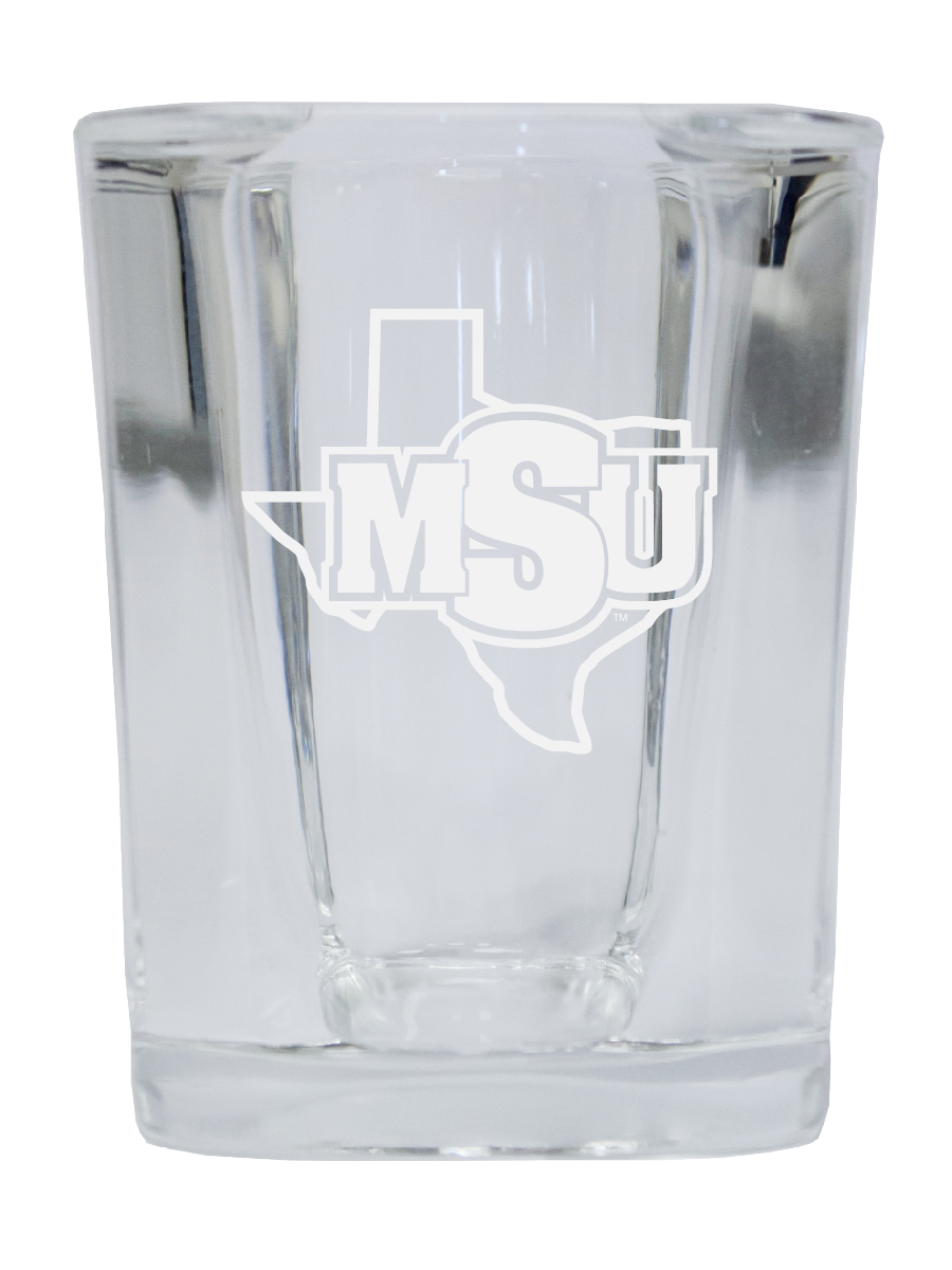 Picture of R & R Imports SGSE2-C-MIDW20 Midwestern State University Mustangs 2 oz Square Shot Glass Laser Etched Logo Design - Pack of 2