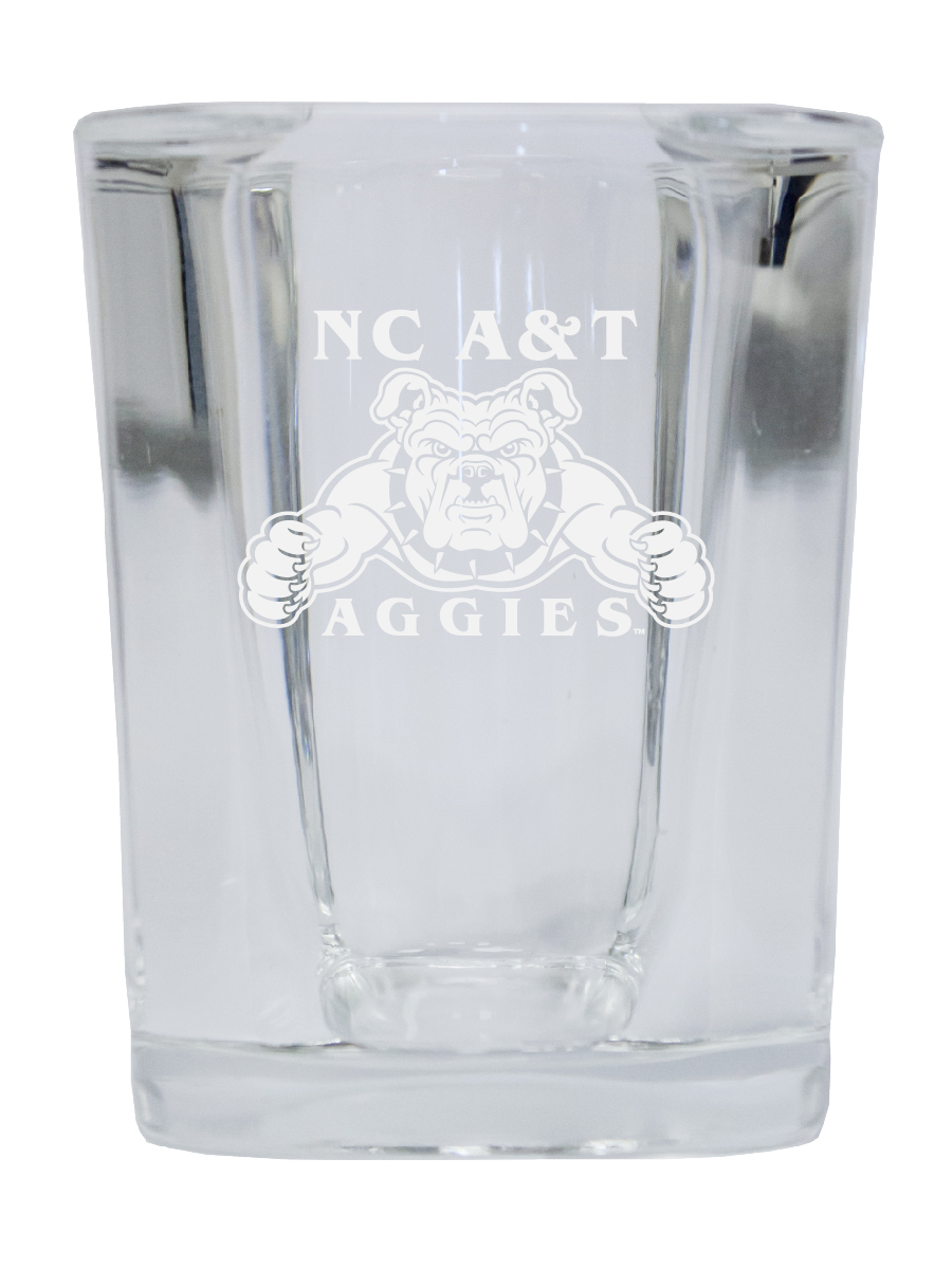 Picture of R & R Imports SGSE2-C-NCAT20 North Carolina A&T State Aggies 2 oz Square Shot Glass Laser Etched Logo Design - Pack of 2