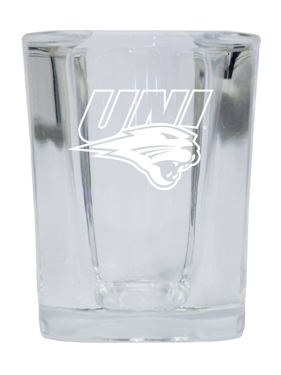 Picture of R & R Imports SGSE2-C-NIA20 Northern Iowa Panthers 2 oz Square Shot Glass Laser Etched Logo Design - Pack of 2