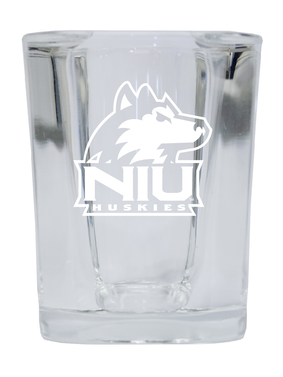 Picture of R & R Imports SGSE2-C-NIU20 Northern Illinois Huskies 2 oz Square Shot Glass Laser Etched Logo Design - Pack of 2