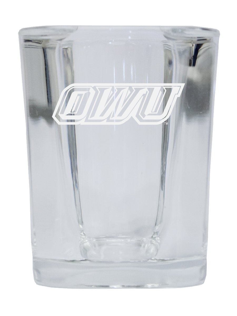 Picture of R & R Imports SGSE2-C-OWU20 Ohio Wesleyan University 2 oz Square Shot Glass Laser Etched Logo Design - Pack of 2
