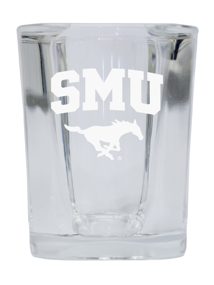 Picture of R & R Imports SGSE2-C-SMU20 Southern Methodist University 2 oz Square Shot Glass Laser Etched Logo Design - Pack of 2