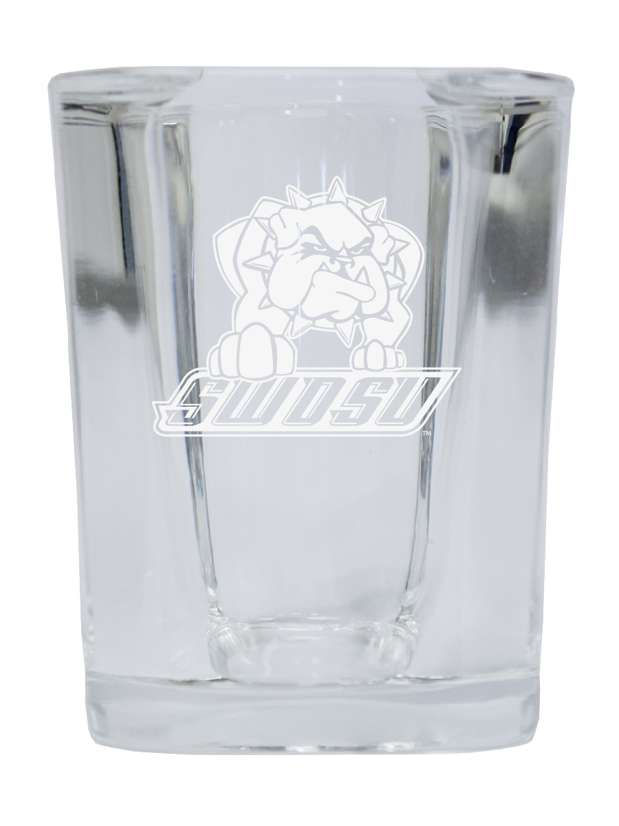 Picture of R & R Imports SGSE2-C-SOKS20 Southwestern Oklahoma State University 2 oz Square Shot Glass Laser Etched Logo Design - Pack of 2