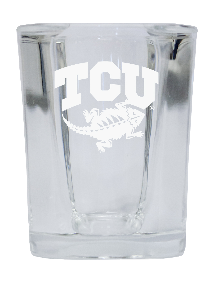 Picture of R & R Imports SGSE2-C-TCU20 Texas Christian University 2 oz Square Shot Glass Laser Etched Logo Design - Pack of 2