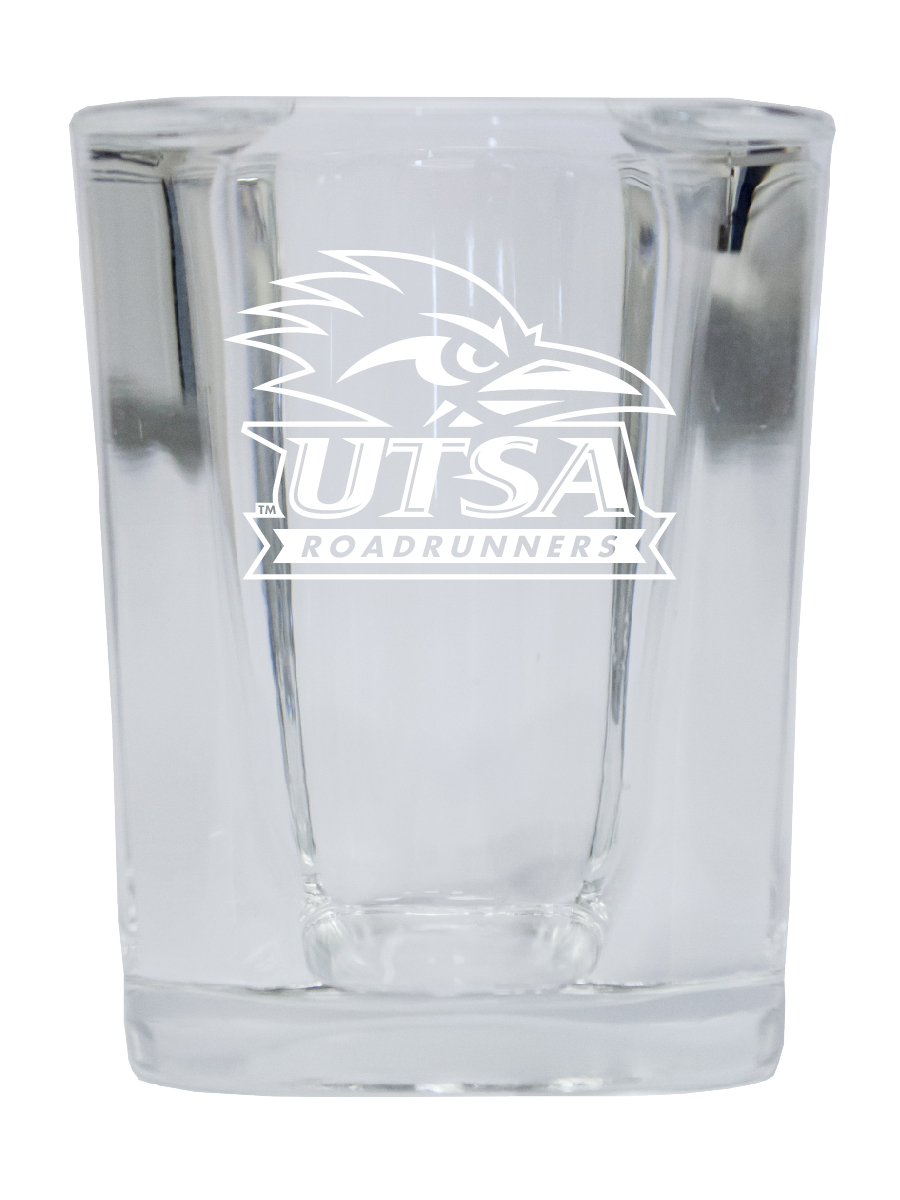 Picture of R & R Imports SGSE2-C-UTSA20 UTSA Road Runners 2 oz Square Shot Glass Laser Etched Logo Design - Pack of 2