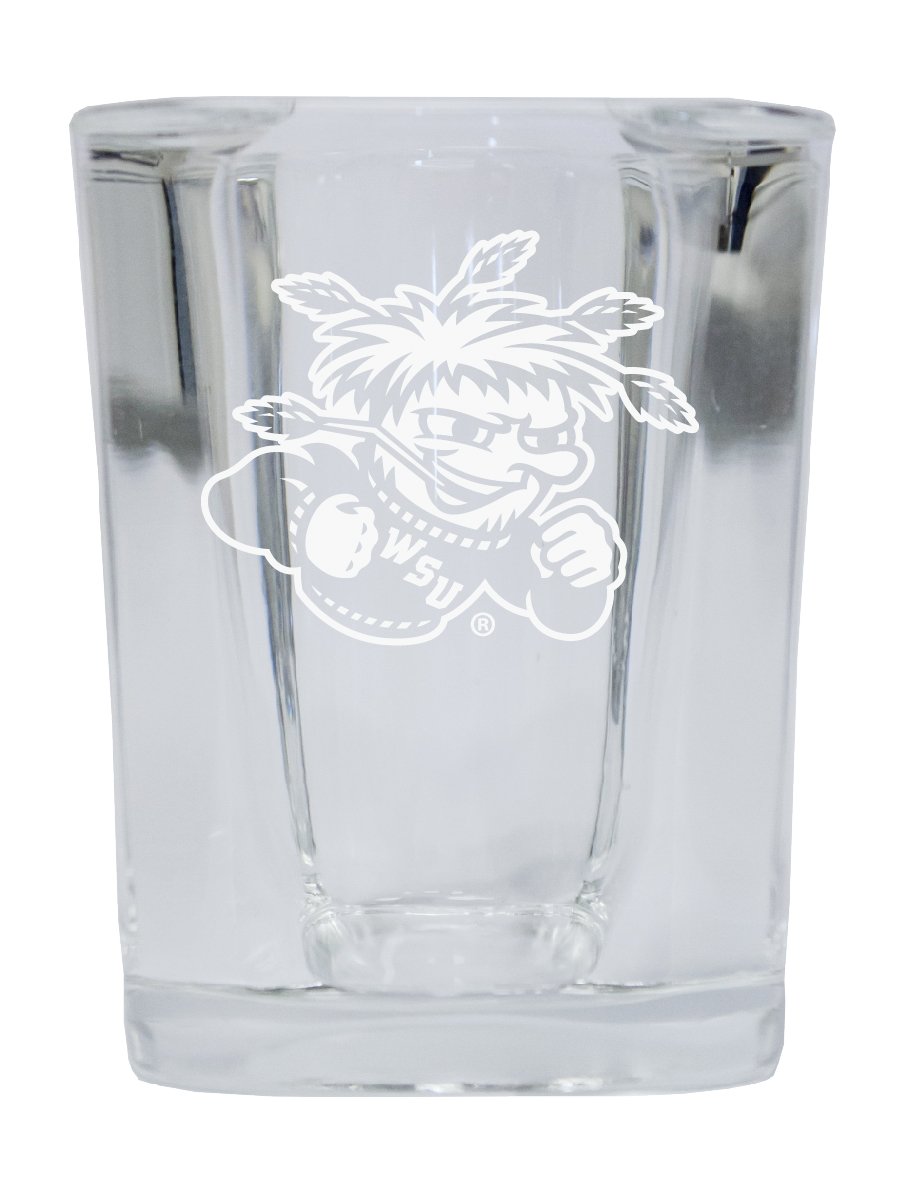 Picture of R & R Imports SGSE2-C-WCH20 Wichita State Shockers 2 oz Square Shot Glass Laser Etched Logo Design - Pack of 2