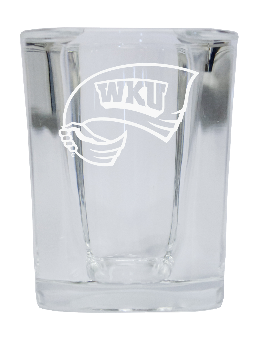 Picture of R & R Imports SGSE2-C-WKU20 Western Kentucky Hilltoppers 2 oz Square Shot Glass Laser Etched Logo Design - Pack of 2